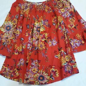 Beach Lunch Lounge Top Womens M Red Floral Blouse Bell Sleeve Smocked Neckline